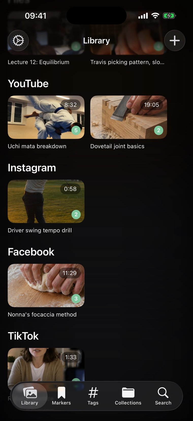 MarkerShelf library showing saved videos from YouTube, Instagram, TikTok and Facebook, each with a platform badge